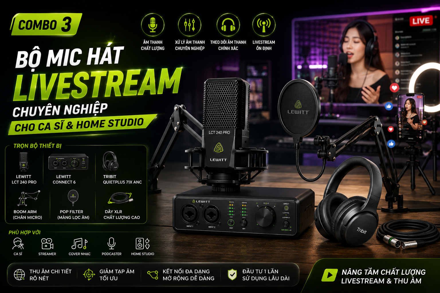 Combo 3 - Bộ mic hát livestream chuyên nghiệp cho ca sĩ và Home Studio