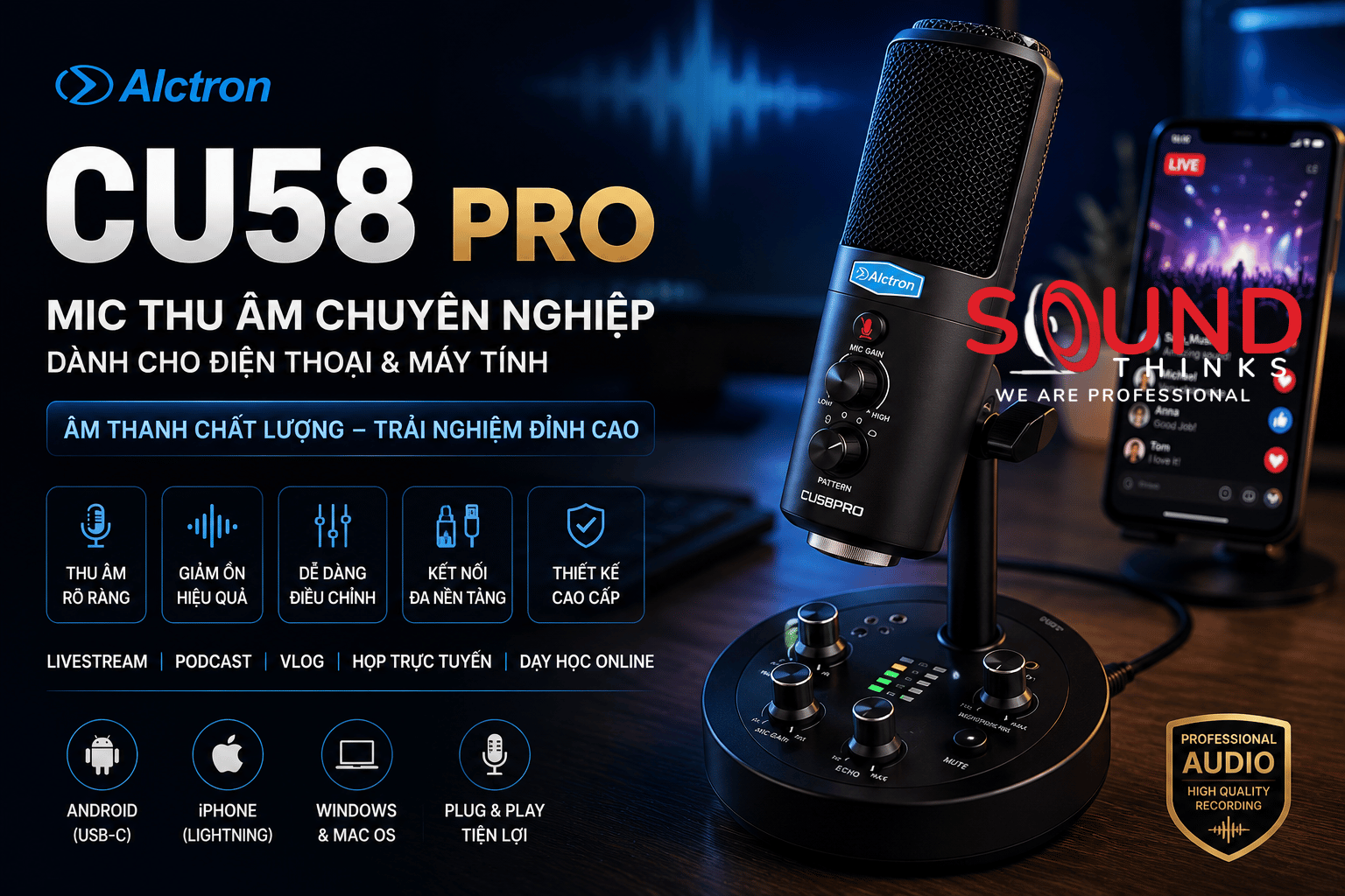 Alctron Cu58 Pro Mic Thu âm Chuyên Nghiệp Cao Cấp Cho Điện Thoại