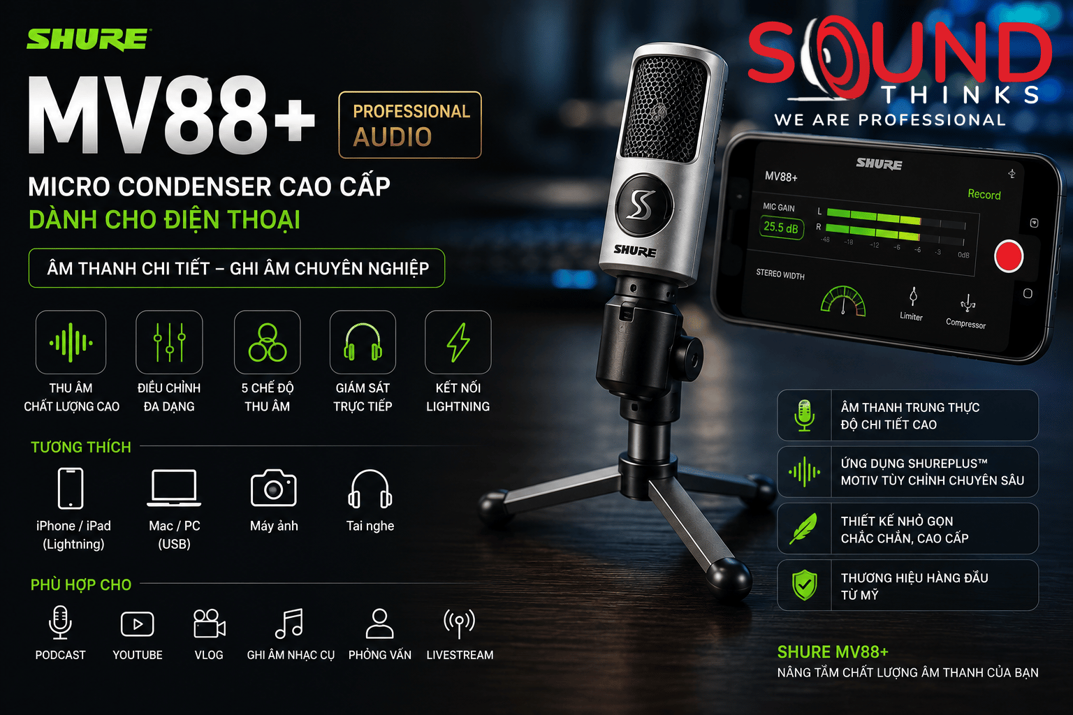 Mv88+ Mic Thu Âm Chuyên Nghiệp Cao Cấp Cho Điện Thoại