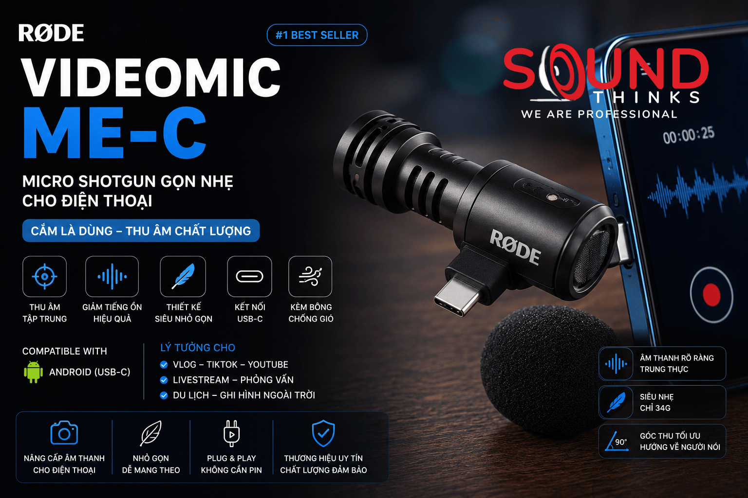 Rode Videomic Me-c Mic Thu Âm Chuyên Nghiệp Cao Cấp Cho Điện Thoại